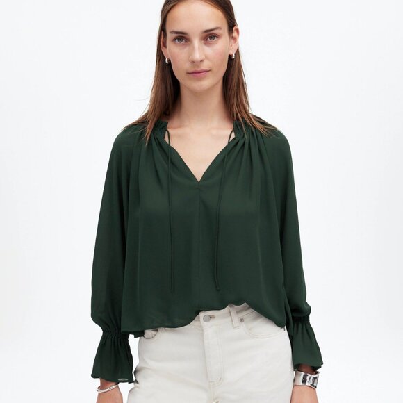 Madewell Tops - Madewell Long-Sleeve Tie-Neck Top in Luxury Forest Green